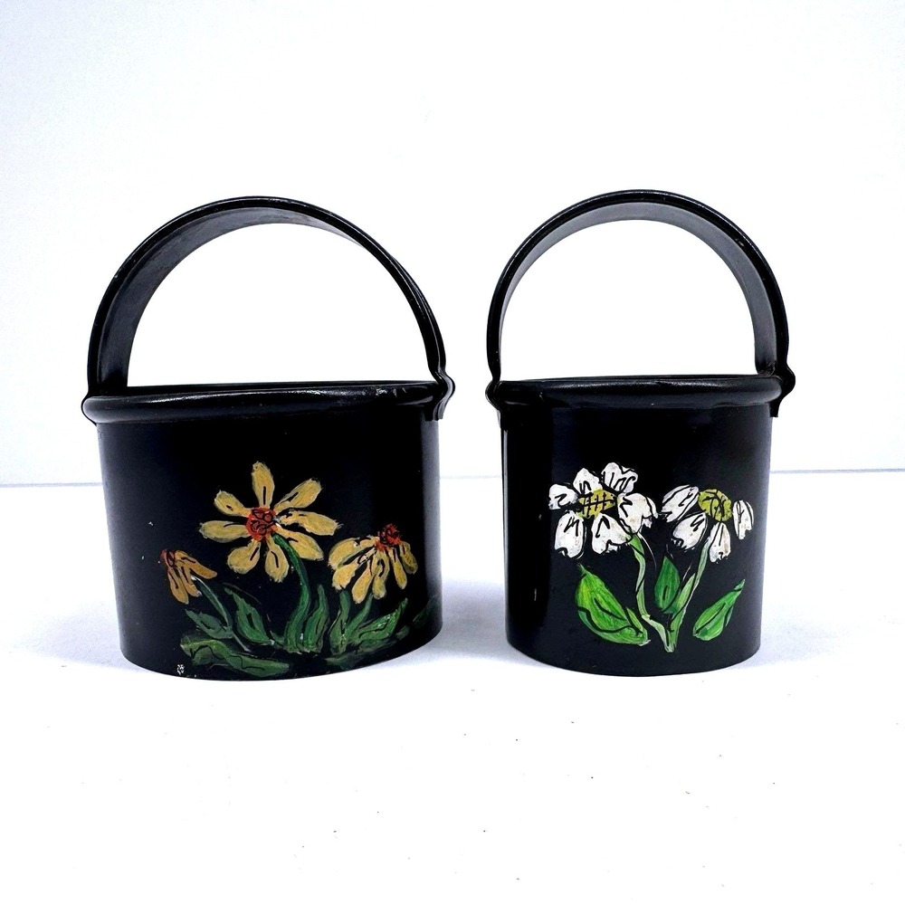 Vintage Hand Painted Tin Biscuit Cutters Floral Black Set Farmhouse Cottage